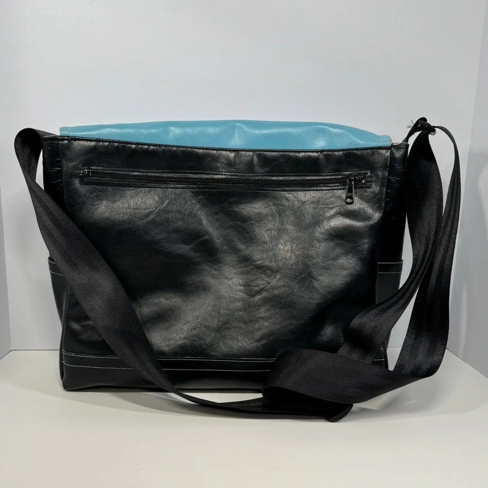Queen Bee Creations- Chick Pea Blue and Black Shoulder Bag with Red Flower - Picture 2 of 16